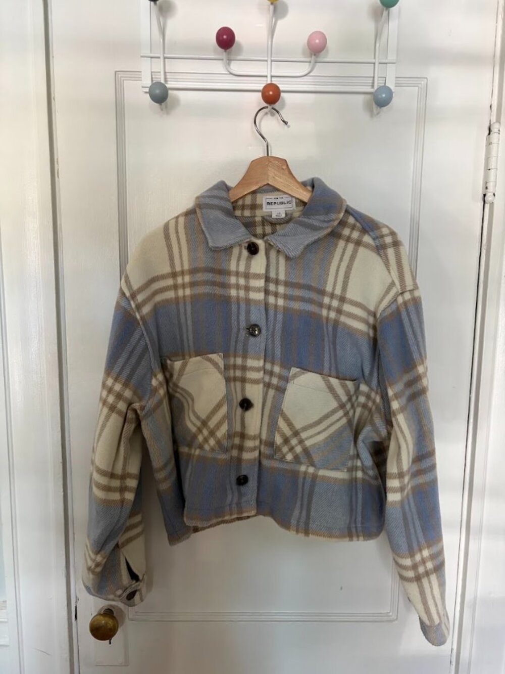 Banana Republic Cropped Plaid Jacket - Blue & Cream / Tan - Size L